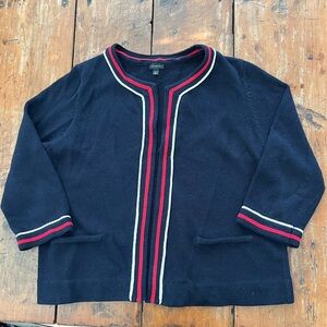 Talbots Navy Blue Sweater Cardigan with Red & White Accents, 3/4 Sleeves-Size XL